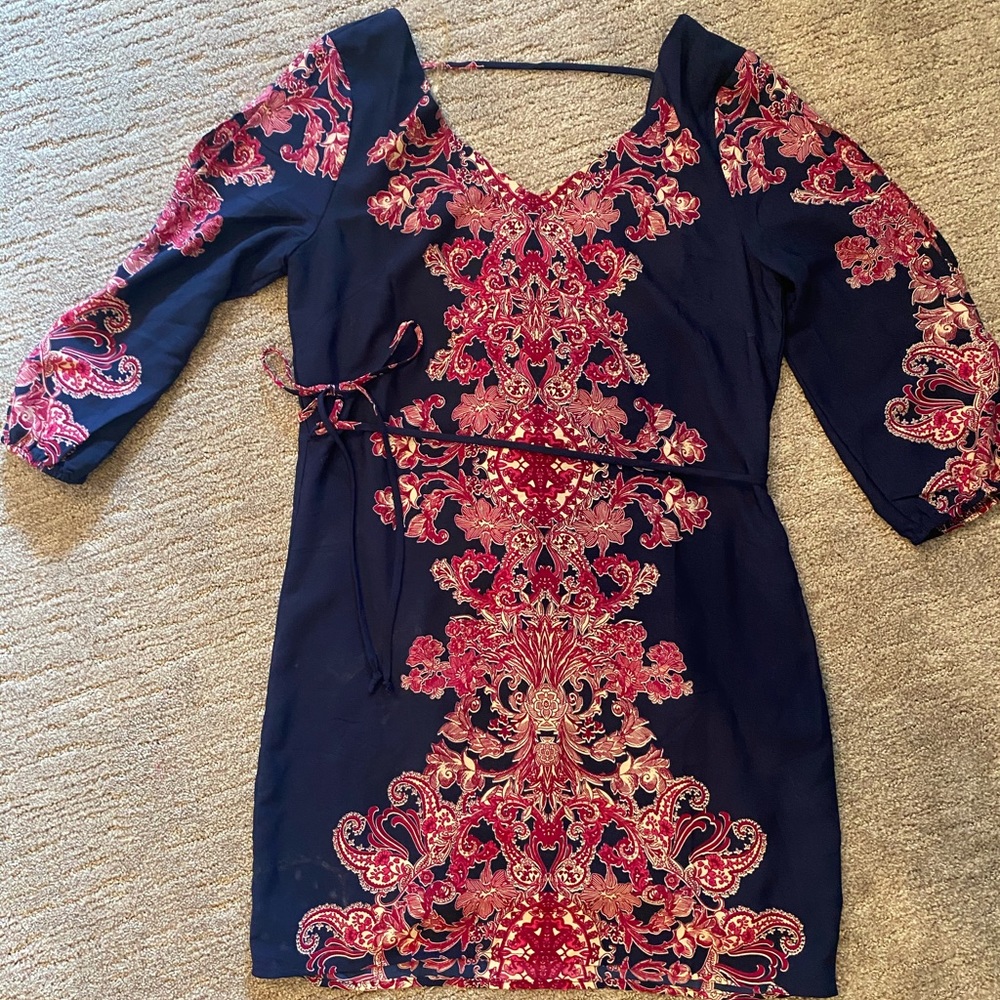 Pink Owl Blue and Magenta Shift Dress with belt